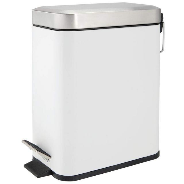 mDesign 1.3 Gallon Rectangular Small Steel Step Trash Can Wastebasket, Garbage Container Bin for Bathroom, Powder Room, Bedroom, Kitchen, Craft Room, Office - Removable Liner Bucket - White/Brushed