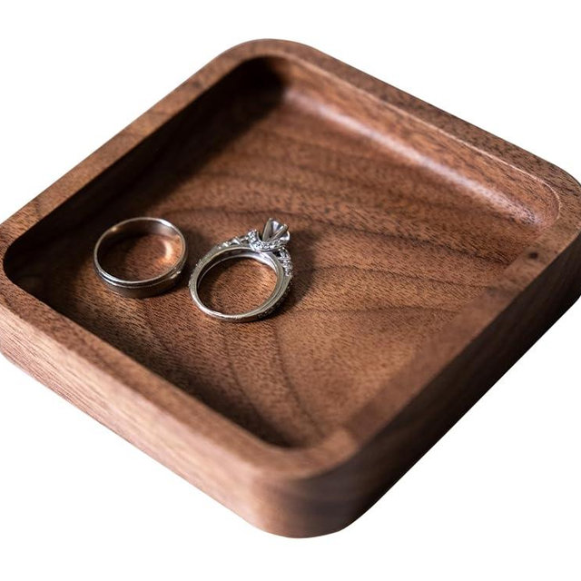 4" Walnut Wood Square Ring Tray, Wooden Jewelry Organizer Storage, Hardwood Box Dish Holder