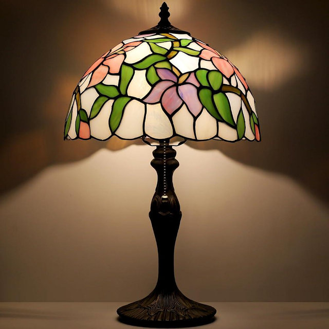 LUSTIX Tiffany Lamp Stained Glass Table Lamp Bedside Reading Lamp 12 x 19” Pink Flower Style Decorative Lamp for Desk Study Living Room Bedroom Office Decor Gift