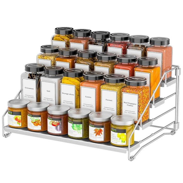 BOIVSHI 4 Tier Spice Rack for Cabinet, Spice Rack Organizer, Depth Adjustable Spice Organizer for Countertop, Cupboard, Pantry, Seasoning Shelf, Metal, Gray (1 Pack)
