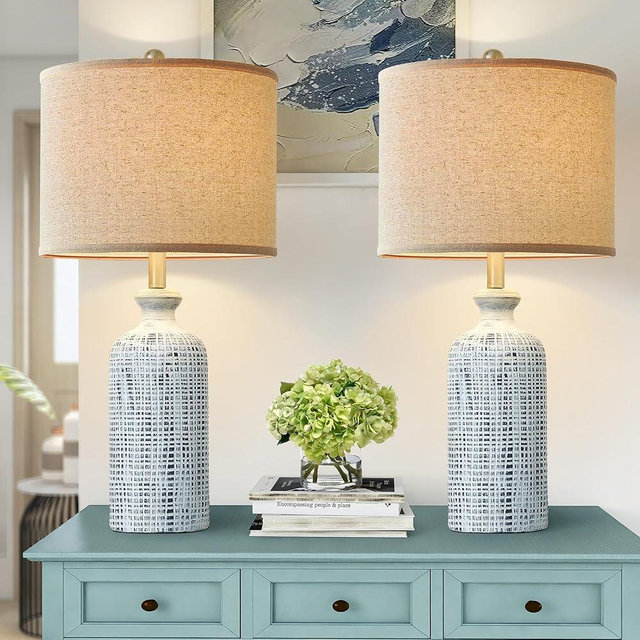 Ireliare Living Room Lamps Set of 2, 25.8" Ceramic Table Lamps for Bedrooms with Linen Shade, Modern Farmhouse Lamps for Nightstand with Rotary Switch