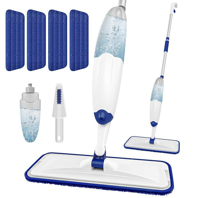 HOMTOYOU Microfiber Flat Mop with Sprayer: Spray Mop with 4 Washable Pads for Cleaning Multi-Surface Floors - 1Pcs 400+ML Refillable Bottle