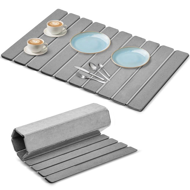 Large Stone Dish Drying Mat for Kitchen Counter, Premium Diatomaceous Earth Coaster Set for Dishes with Free Drainer Rack| Non-Slip Kitchen Sink Mat | Fast-Absorbing, (24x16 Inch, Light Grey)