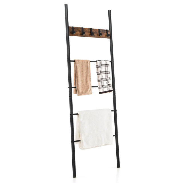 Costway Wall-Leaning Blanket Towel Ladder 5-Tier Quilt Ladder with 5 Removable Hooks Home Industrial Storage Shelf w/ Anti-slip Foot Pads