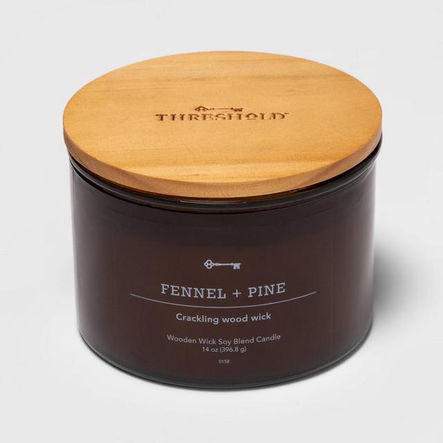 14oz Lidded Amber Glass Jar Crackling Wooden 3-Wick Fennel and Pine Candle - Threshold™