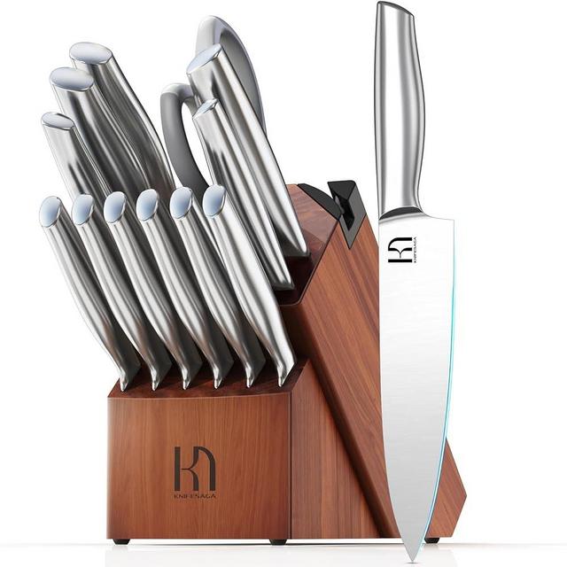 KnifeSaga Knife Set Premium, Japanese High Carbon Stainless Steel 14 Pcs Kitchen Knives Block Set with Built-in Sharpener and Wood Block, Razor Sharp Knife Sets for Kitchen with Ergonomic Handle