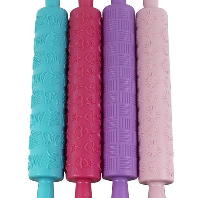 Hillento Pattern Embossed Rolling Pin Fondant Cake Paste Decorating Tool, Ideal for Fondant, Pastry, Dough - Best Kit, 4 Patterns(Butterfly, Grid, Sunflower, Five-Pointed Star & Heart), Random Color