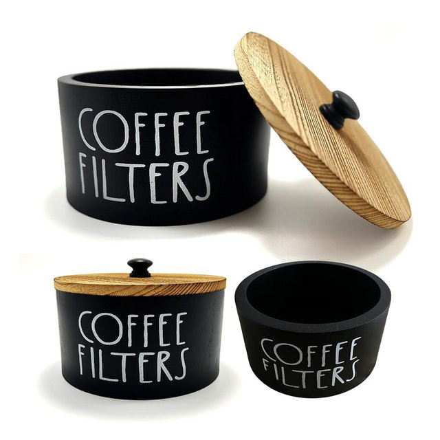 Zcblcyj Wooden Coffee Filter Holder With Lid-Rustic Storage Container and Dispenser Basket for Coffee Bar Decor, Farmhouse Accessories(Black)