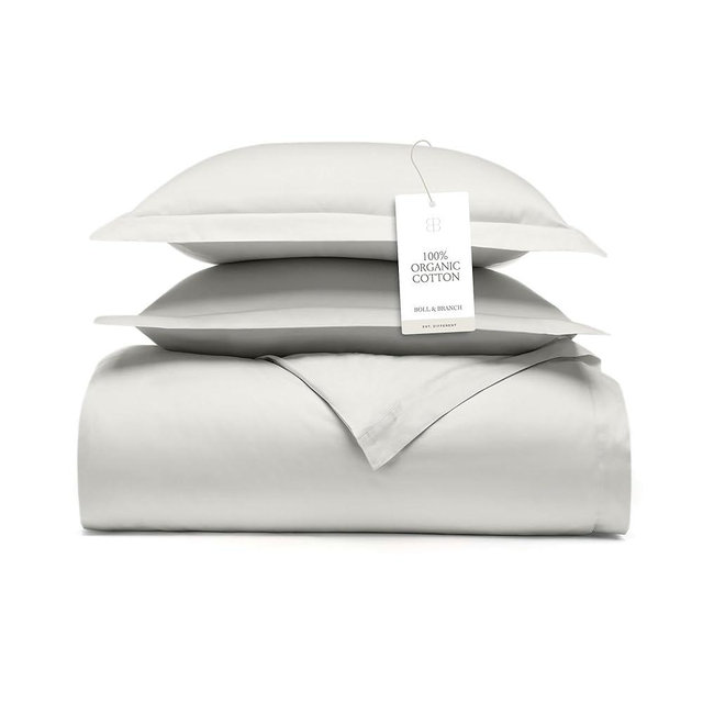 BOLL & BRANCH Signature Hemmed Duvet Set - King/Cal King, Mist - Luxury 100% Organic Cotton - 1 Duvet Cover, 2 Shams - Buttery Soft, Hidden Closures