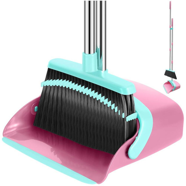 Broom and Dustpan Set, 52-in Long Adjustable Handle Broom Dustpan Combo with Dust pan Teeth to Automatically Clean Hair Suitable for Home Kitchen Office Hall Floor（Pink&Blue）
