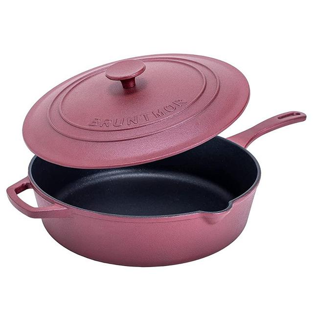 Enameled Silicone Oil Non-Stick Cast Iron Skillet -Deep Sauté Frying Pan with Lid, 12 Inch, Superior Heat Retention - Burgundy
