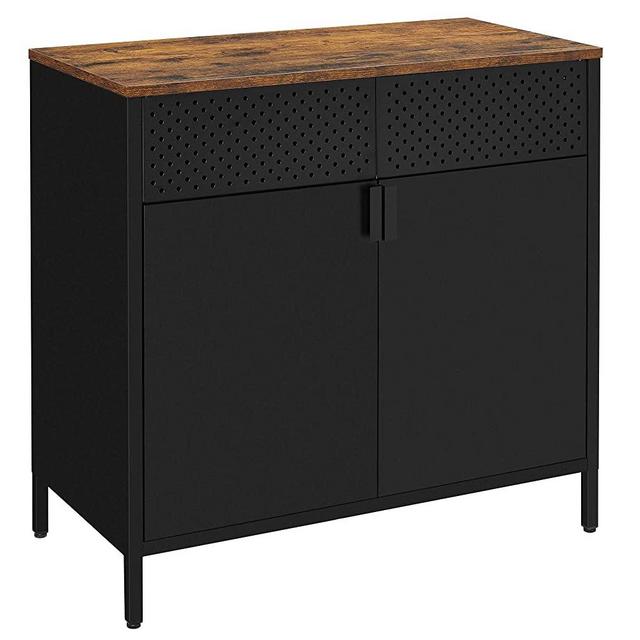 SONGMICS Storage Sideboard, Buffet Table with Adjustable Shelves, Floor Storage Cupboard, Steel Frame, Cabinet for Dining Room, Living Room, Kitchen, Rustic Brown and Black ULSC102B01