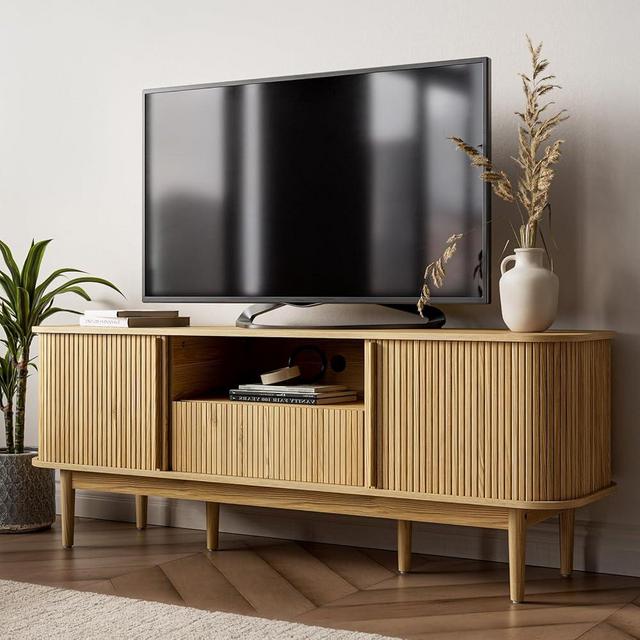 MAISONARIA 63" Tambour TV Stand, Fluted TV Stand for TVs up to 70'', Modern TV Stand with Storage, Entertainment Center with Sliding Doors, Wood TV Stand for Bedroom, Living Room, Natural