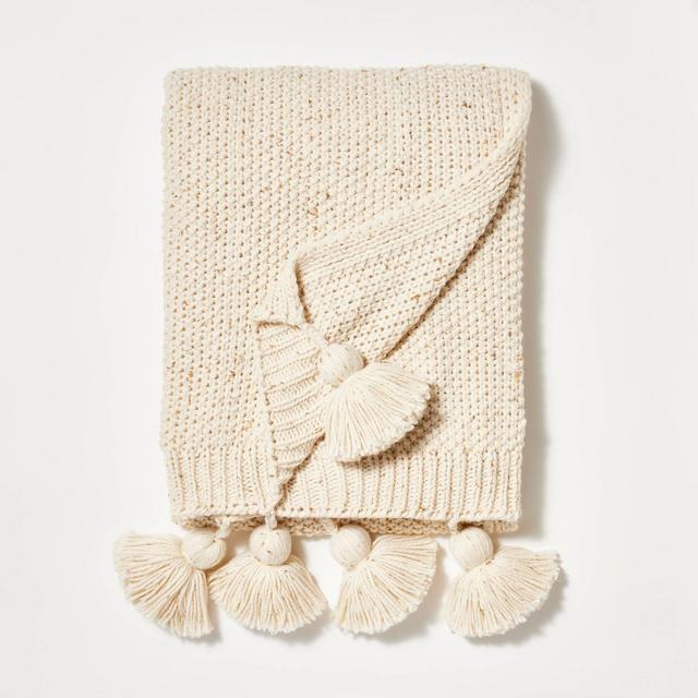 Knit Throw with Pom Tassels Throw Blanket Cream - Threshold™ designed with Studio McGee