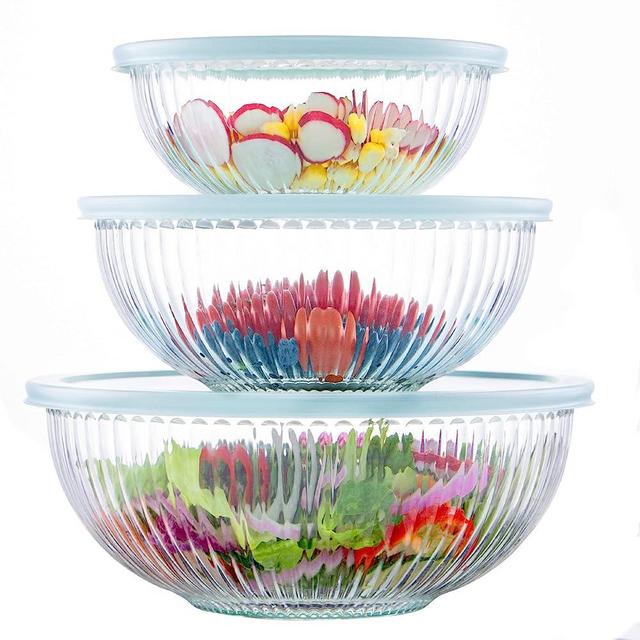 Luvan Glass Mixing Bowls with Lids Set(3.7QT, 2.1QT, 1.1QT),3pc Glass Nesting Bowls,Large Glass Salad Bowls with lids,Clear Cooking Bowls for Kitchen Prep,Food Storage,Baking,Microwave and Oven Safe