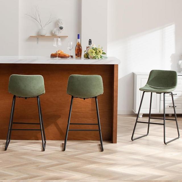 HeuGah Green Bar Stools Set of 3, 26 Inch Barstools with Metal Legs Faux Leather Counter Height Bar Stools for Kitchen Island Modern Bar Seats Chairs with Backrest (3 Pcs Green, 26 Inch)