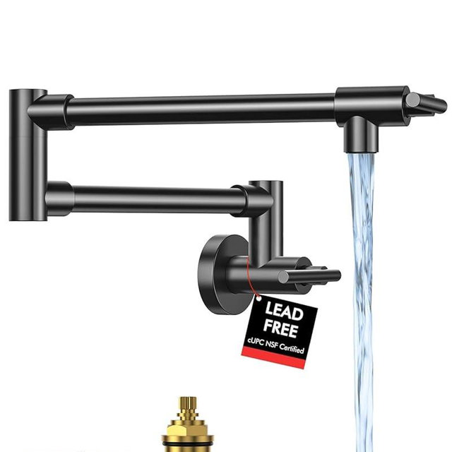 RALANDA Pot Filler, Pot Filler Faucet Wall Mount, Metal Folding Stretchable with Double Joint Swing Arm Single Hole Two Handles Kitchen Restaurant (Matte Black)
