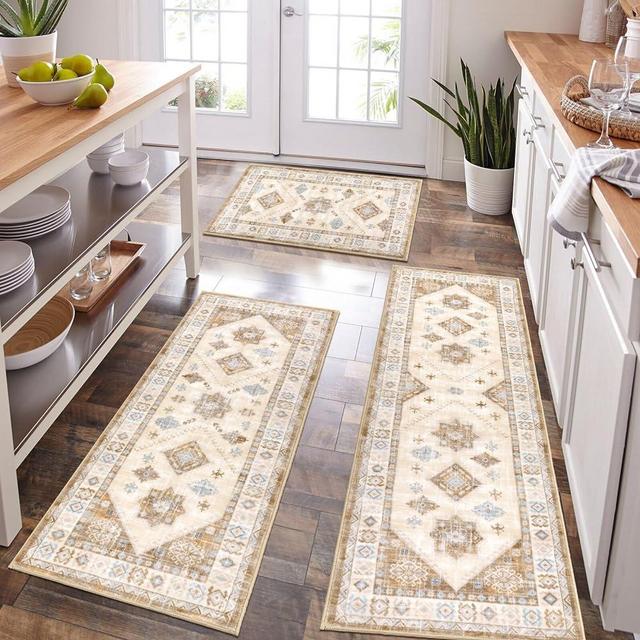 HEBE Boho Kitchen Rugs Sets of 3 Farmhouse Kitchen Runner Rugs and Mats Non Slip Washable Kitchen Mats for Floor Soft Kitchen Floor Mat Laundry Room Rug Area Rug Runner Carpet