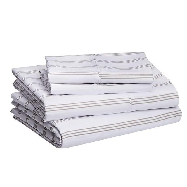 AmazonBasics Lightweight Super Soft Easy Care Microfiber Sheet Set with 16" Deep Pockets - King, Taupe Stripe