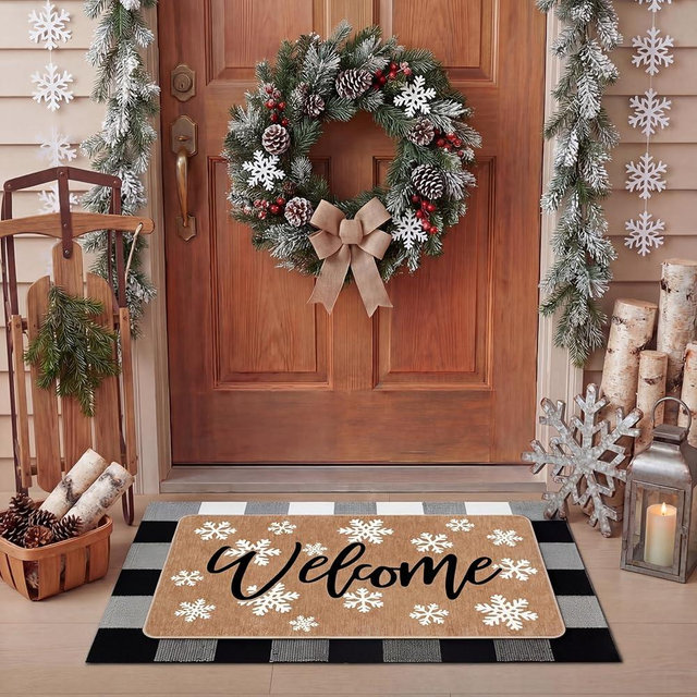 Tinideya 2 Pcs Winter Snowflake Doormats Christmas Welcome Outdoor Door Mats Layered Front Door Rugs Non Slip Floor Mats for Porch Entryway Indoor Outdoor