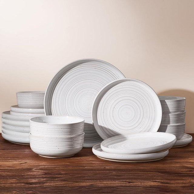 Famiware Premium 18-Piece Stoneware Dinnerware Set – Flared Plates and Bowls with Reactive Glaze, Speckles & Spirals, Chip & Scratch Resistant Dishes, Dishwasher Safe, Service for 6, Gift Box, White