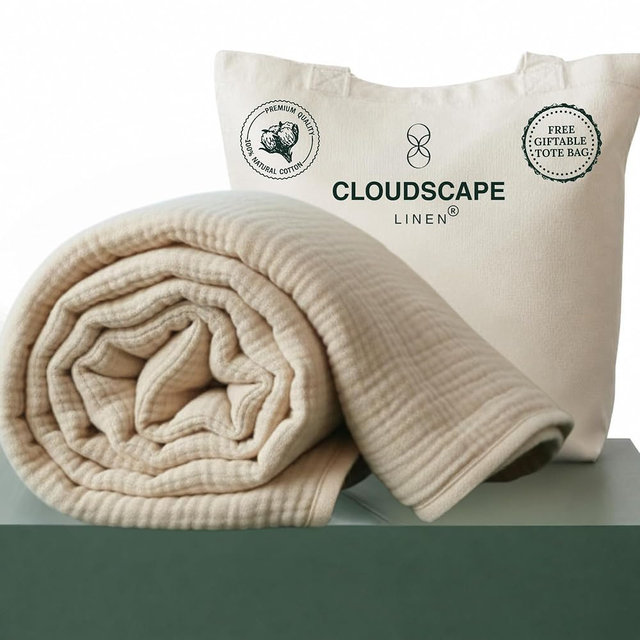 CLOUDSCAPE 4 Layer Muslin Blanket for Adults - 100% Cotton Blanket Queen Size Bedding, 92"x92" Fits Upto Full Size Bed, All-Season Lightweight Gauze Soft, Breathable Layering Summer Blankets - Fog