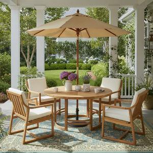 5-Piece Round 59"W Outdoor Dining Set With Cushions, Solid Acacia Wood - Light Teak
