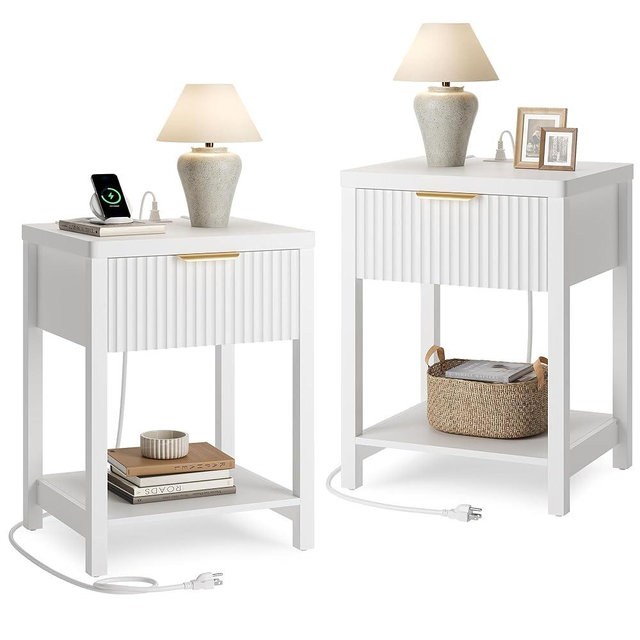 Lulive Night Stand Set 2, Fluted Nightstand with Charging Station, Wood Modern Bedside End Table with Storage Drawer for Bedroom, Save Space (Set of 2, White)