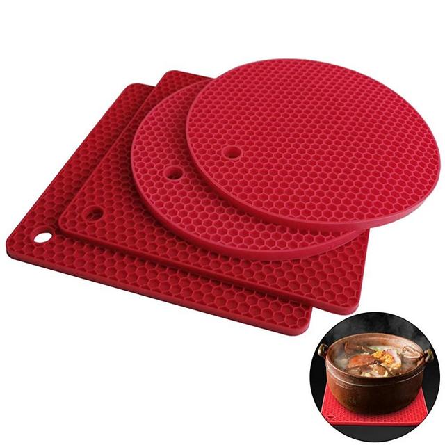 Silicone Trivet Mats, Silicone Pot Holders for Hot Pots and Pans. Heat Resistant Counter Mats for Tables, Countertops, Spoon Rest and Large Coasters, 4 Pack Red, 2 Square + 2 Round Mats