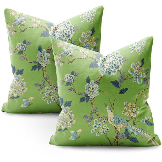 SMF Chinoiserie Pillow Covers 18x18 Set of 2,Green Flower and Bird Pillow Cover Chinoiserie Decor Linen Outdoor Pillows Suitable for Couch Pillows Living Room Bedroom