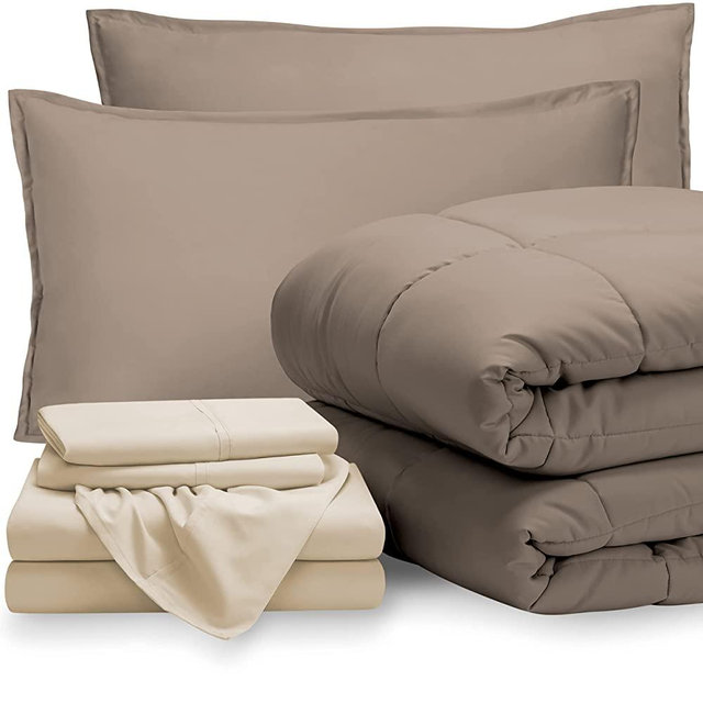 Bare Home Bedding Set 7 Piece Comforter & Sheet Set - King - Goose Down Alternative - Ultra-Soft 1800 Premium - Bed Set (King, Taupe/Sand)