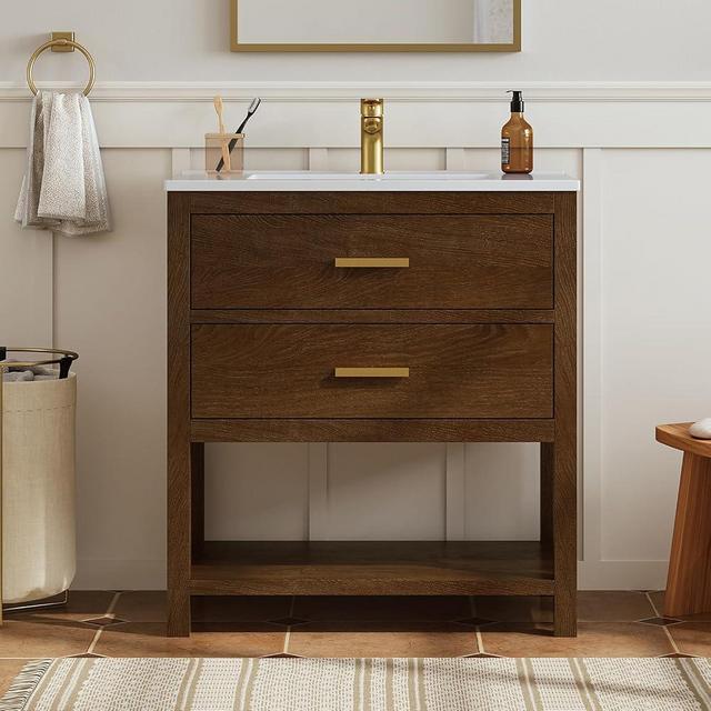 DELUXE LIVING 30 Inch Bathroom Vanity with Sink, Farmhouse Storage Cabinet with Drawers & Open Storage Shelf, Easy Assembly, Adjustable Feet, Walnut
