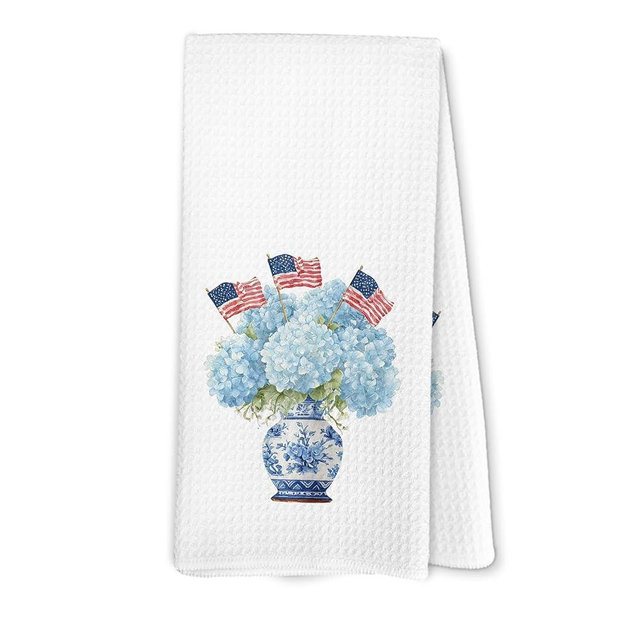 Lengues 4th of July Patriotic Kitchen Towels, Blue Chinoiserie Hydrangea Decor Dish Hand Towels for Kitchen, Grandmillennial American Flag Hand Towel for Bathroom Decor 16x24 Inch