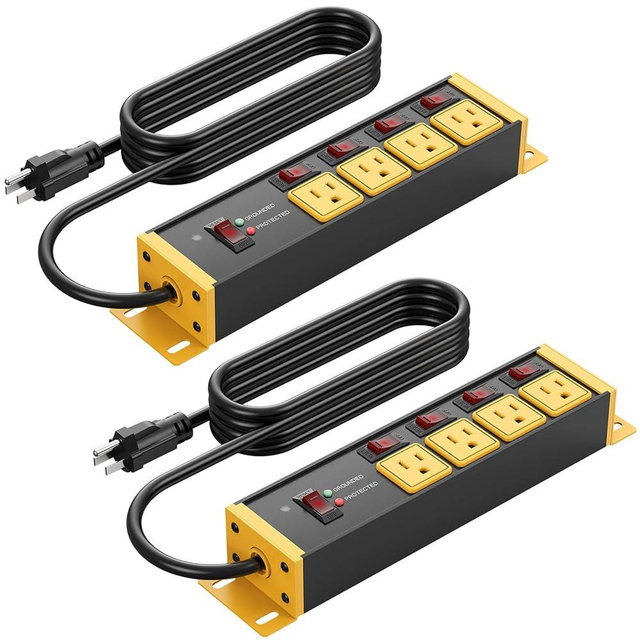 CCCEI 2PCS Heavy Duty Power Strip Surge Protector 20 AMP Individual Switches. 12 Gauge Extension Cord with Multiple Outlets. Garage, Shop, Industrial Wall Mount Electric Extender. 4FT, Yellow.