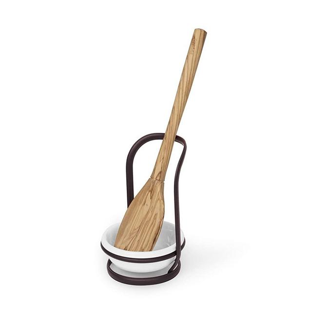 Takyl Home Free Standing Modern Metal Ceramic Kitchen Stove Top Spoon Rest Holder with Removable Bottom for Countertop Cooking Utensil & Tong Organization, Bronze/White