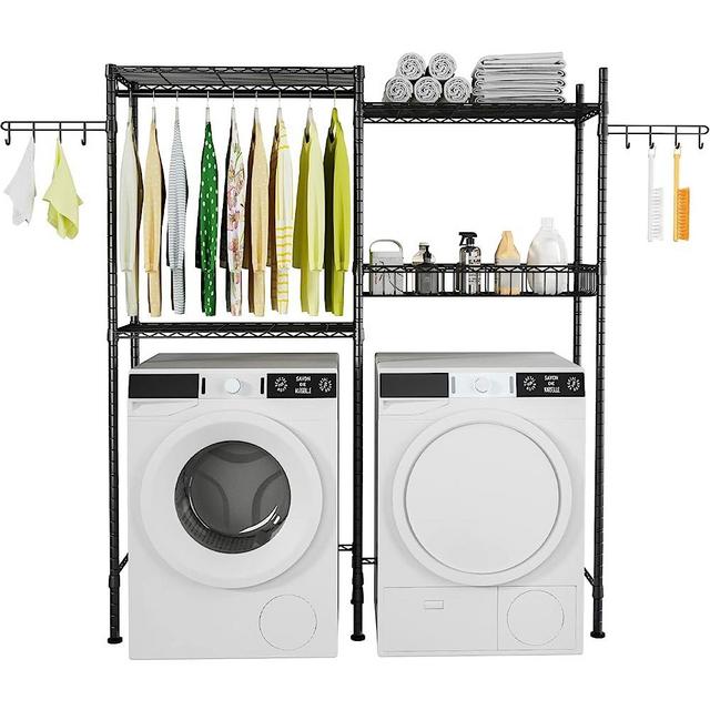 Ulif Over The Washer and Dryer Storage Shelf, Laundry Room Drying Rack, 3 Tier Adjustable Height Shelving Bathroom Space Saving Rack with Wire Basket and 2 Hooks, 57.8" L x 13.4" D x 76.7" H, Black