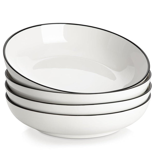 MALACASA 8.85" Large Pasta Bowls, 42 OZ White Salad Bowls Soup Bowls, Porcelain Serving Bowls Set of 4, Ivory White & Black Rim, Microwave & Dishwasher Safe, Series REGULAR
