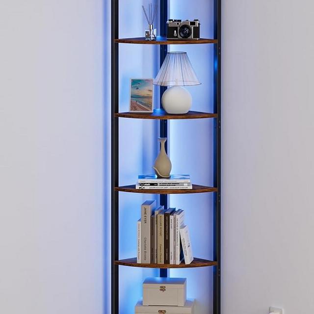 Furnulem 6 Tier Corner Shelf with LED Light, 67.5” Tall Standing Shelf Organizer, Narrow Bookshelf with Storage Rack for Wall Corner, Living Room, Bedroom, Metal Frame, Wood Display Shelf