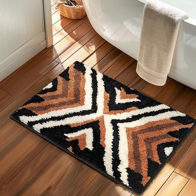 Tyrot Black Boho Small Bathroom Rugs Non Slip Washable Western Aztec Bath Mats Rugs for Bathroom Floor Fluffy Plush Soft Absorbent Farmhouse Carpet for Bathroom Shower, 18x24 inch, Brown