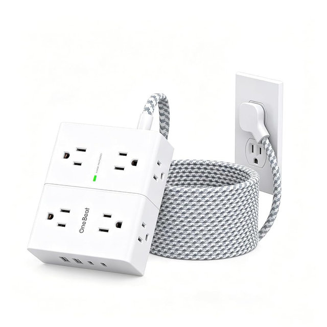 Extension Cord 20 Ft, One Beat Surge Protector Power Strip 20 Ft Long Cord, 8 AC Outlets with 4 USB Ports(2 USB C), White Power Strip for Home Office College Dorm Room, Desk Essentials