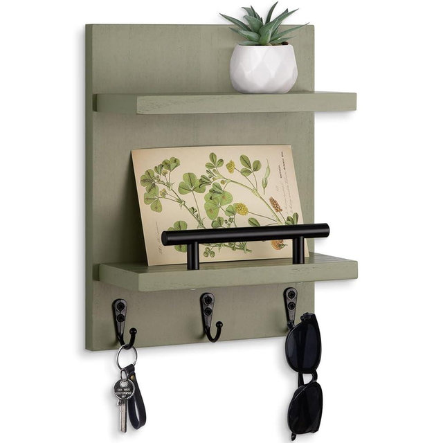 Lucundm Key Holder Wall Mount, Mail Shelf Decor with 3 Key Hooks, Versatile Wood Wall Organizer for Entryway Hallway (8.2” x 10.6”x 3.6”) (Sage Green)