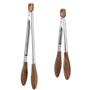 Kitchen Tongs Set - 9" & 12" Anti-Slip Long Wooden Cooking Tongs for BBQ, Grilling, Salad Tossing & Serving - Heat Resistant, Non-Stick Stainless Steel Handles with Hanging Hole
