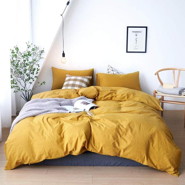 DONEUS Washed Cotton Duvet Cover Set Queen(90 x 90 Inches), 3 Pieces (1 Yellow Duvet Cover, 2 Pillow Shams) Solid Pattern Bedding Set, Super Soft Duvet Cover with Zipper Closure, Corner Ties