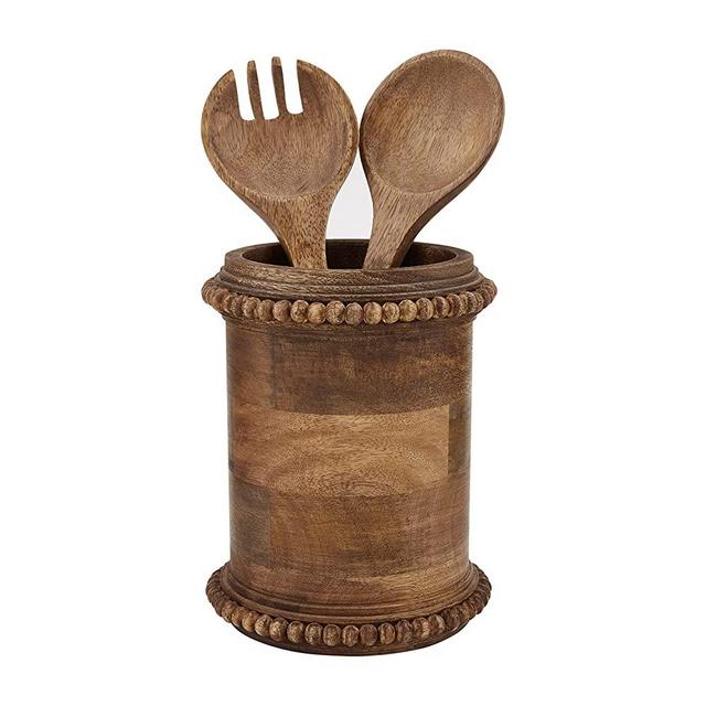 Mud Pie, Brown, Wooden Beaded Utensil Holder, 7 1/2" X 5 1/4" Dia