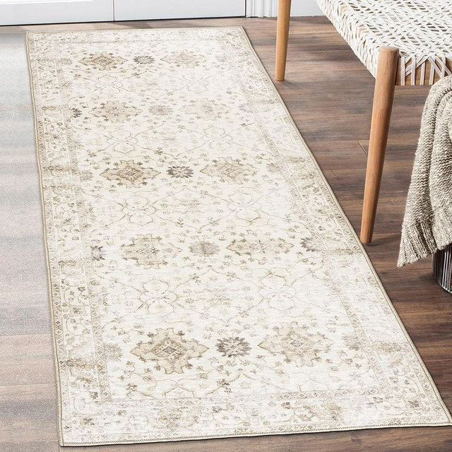ReaLife Machine Washable Area Rug Runner - Living Room Bedroom Bathroom Kitchen Entryway Office - Non Slip Low Pile Stain Resistant Premium - Boho Farmhouse Vintage - Bev - Beige 2'6" x 8'