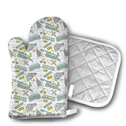 DHJHBXYD Choo Choo Train Oven Mitts,Professional Quality Heat Resistant Insulated Kitchen Microwave Oven Gloves,with Potholders Oven Gloves,Insulated Quilted Cotton Potholders