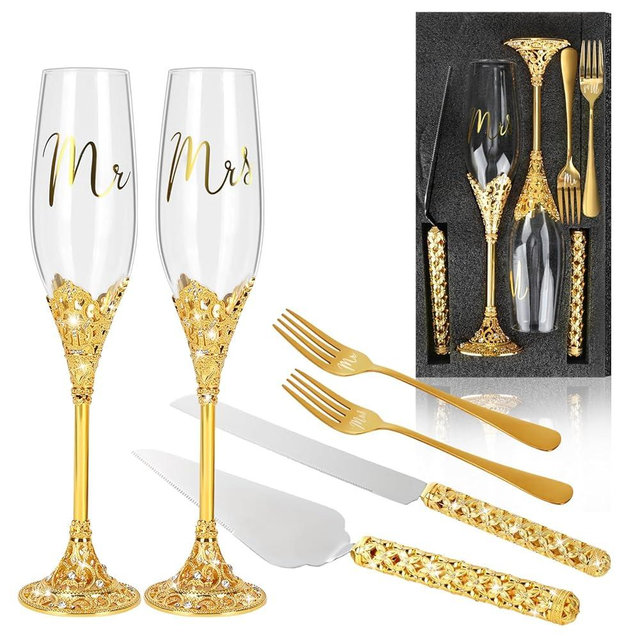 juciasouul 6 PCS Wedding Cake Knife and Champagne Flutes Server Set with Fork Mr and Mrs Champaign Flutes, Bride and Groom Champagne Glasses Crystal Rhinestone Wedding Toasting Glasses Parties