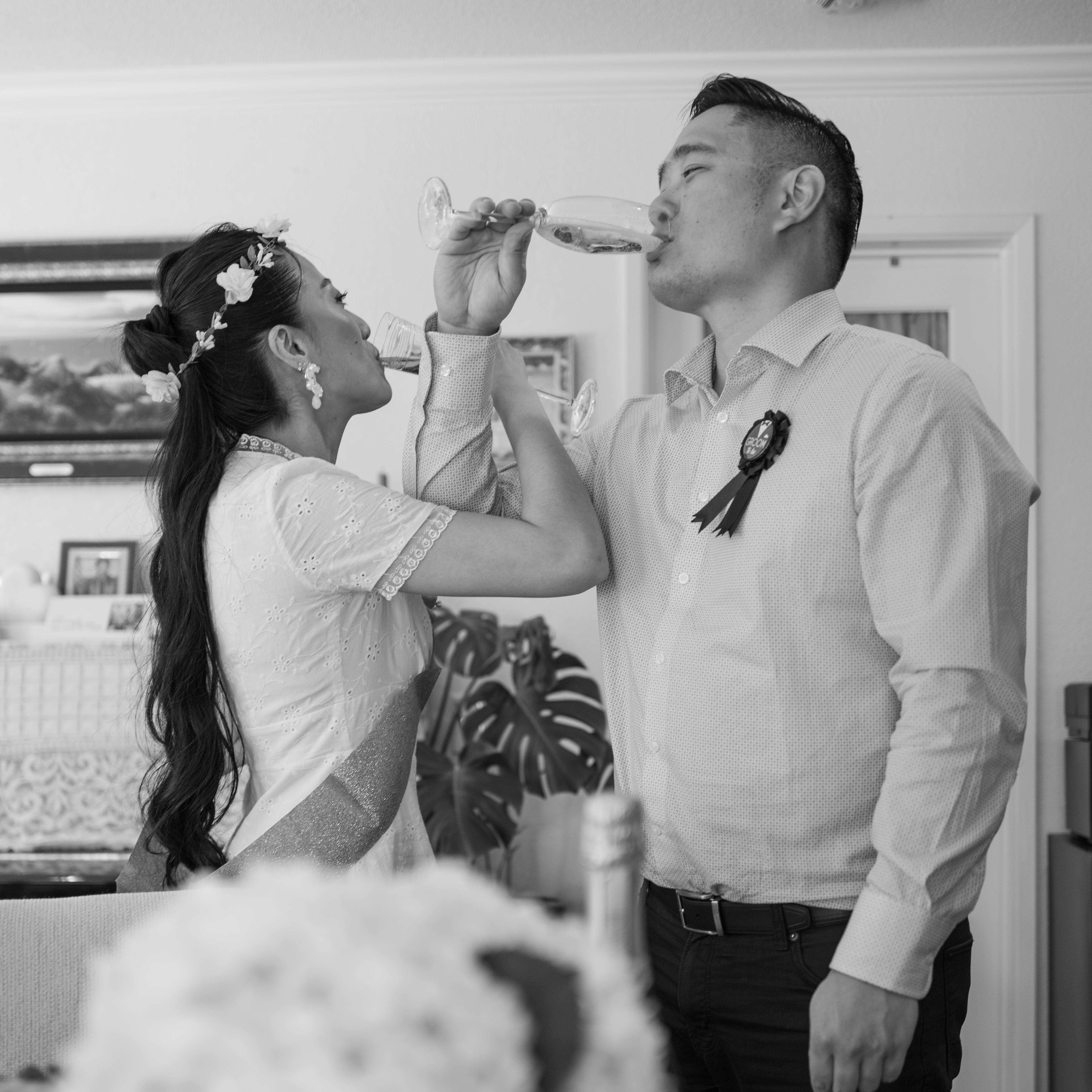 Marriage officiated by friends and witnessed by family.