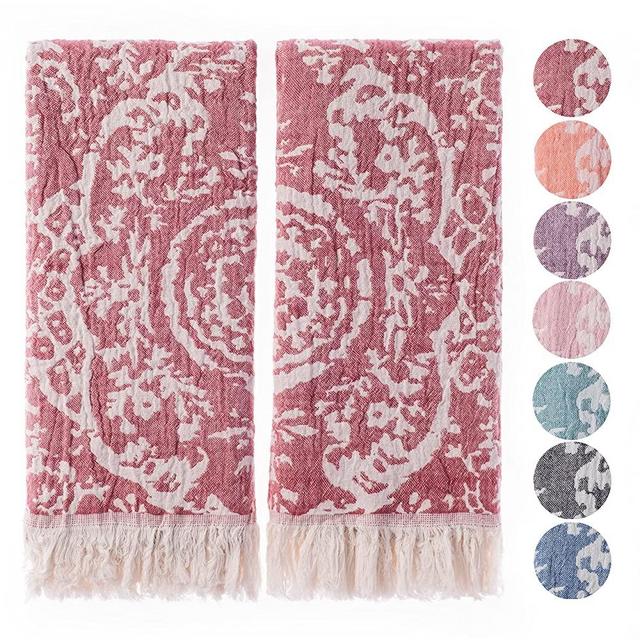 Fe&Ze Turkish Hand Towels with Hanging Loop, 22 x 36 in, 100% Cotton Kitchen Towels Decorative Set of 2, Rose Red Towels for Bathroom