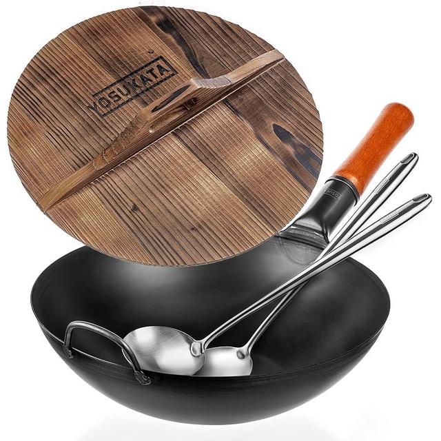 YOSUKATA Carbon Steel Wok Pan 13,5“ + 17’’ Wok Spatula and Ladle - Set of 2 Heat-Resistant Wok Tools + Premium Wok Cover 13,5 inch Pan Lid